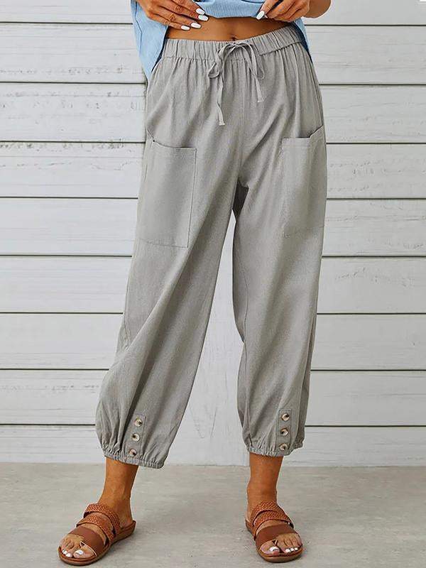 Women's pants High-waisted buttoned cotton hemp pants nine-point pants wide-legged