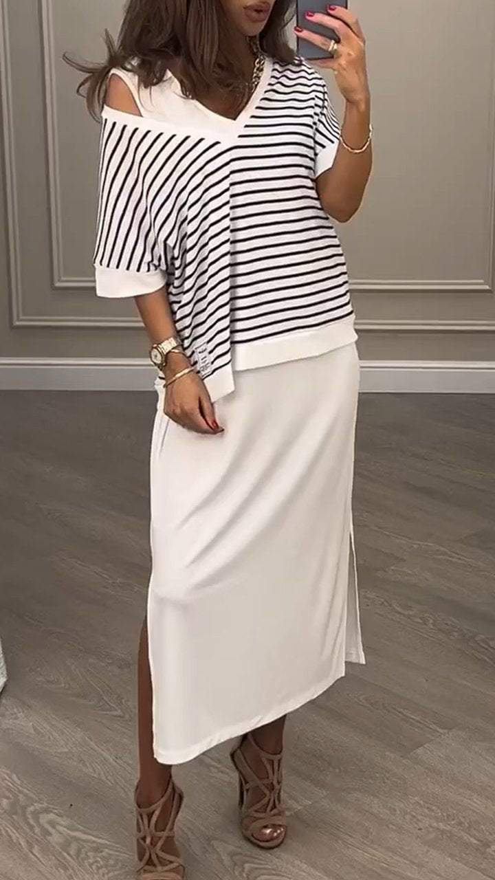 V-neck Short-sleeved Striped T-shirt Two-piece Set