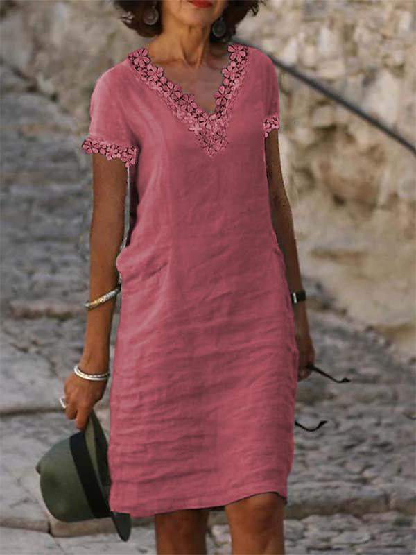 Lace V-neck cotton and linen dress