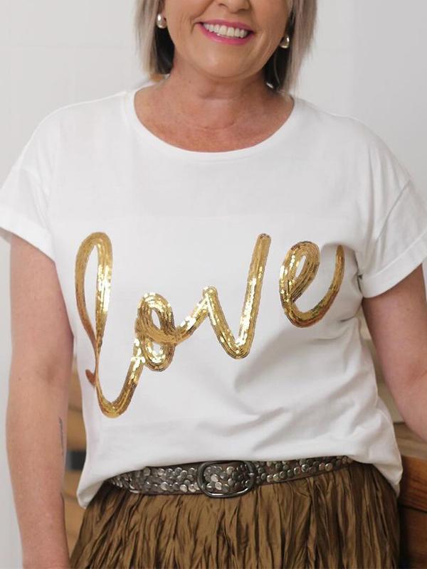 Women's Round Neck Gold-stamped Love Letter Printed T-shirt