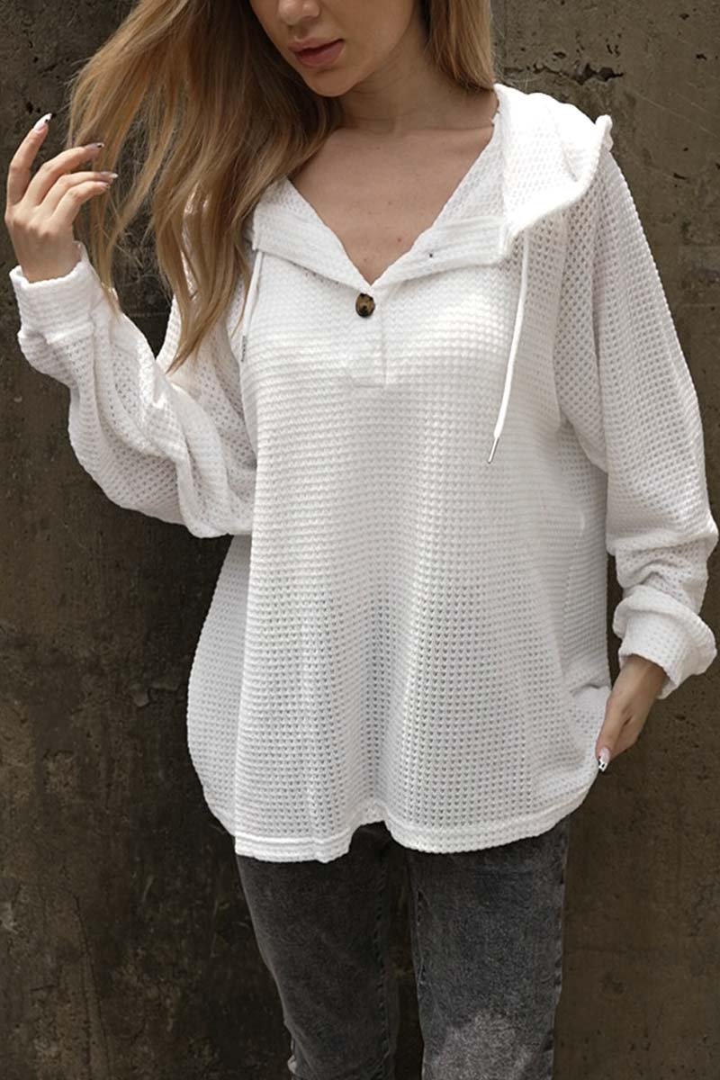 Women's Solid Color Buttoned Loose Long Sleeve Sweatshirt