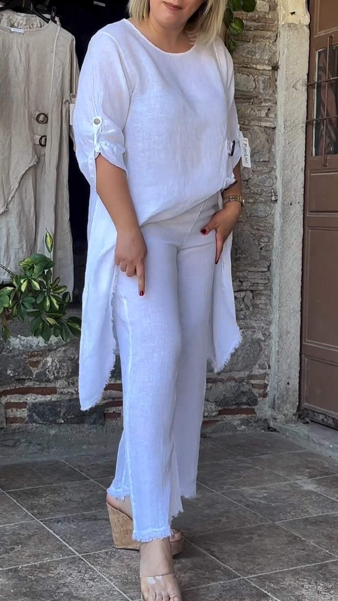 Round Neck, Mid-sleeves, Slit Cotton and Linen Two-piece Suit