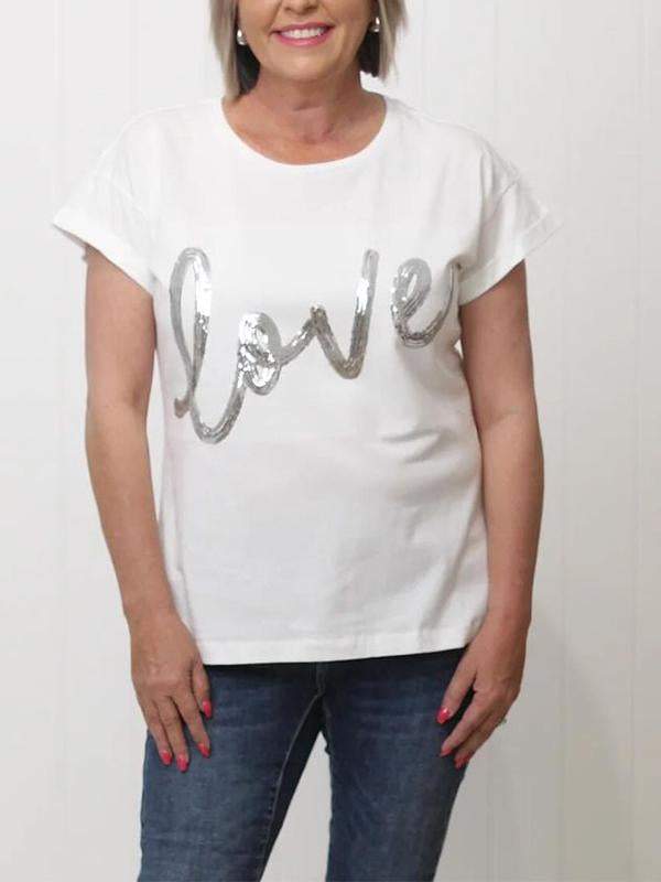 Women's Round Neck Gold-stamped Love Letter Printed T-shirt