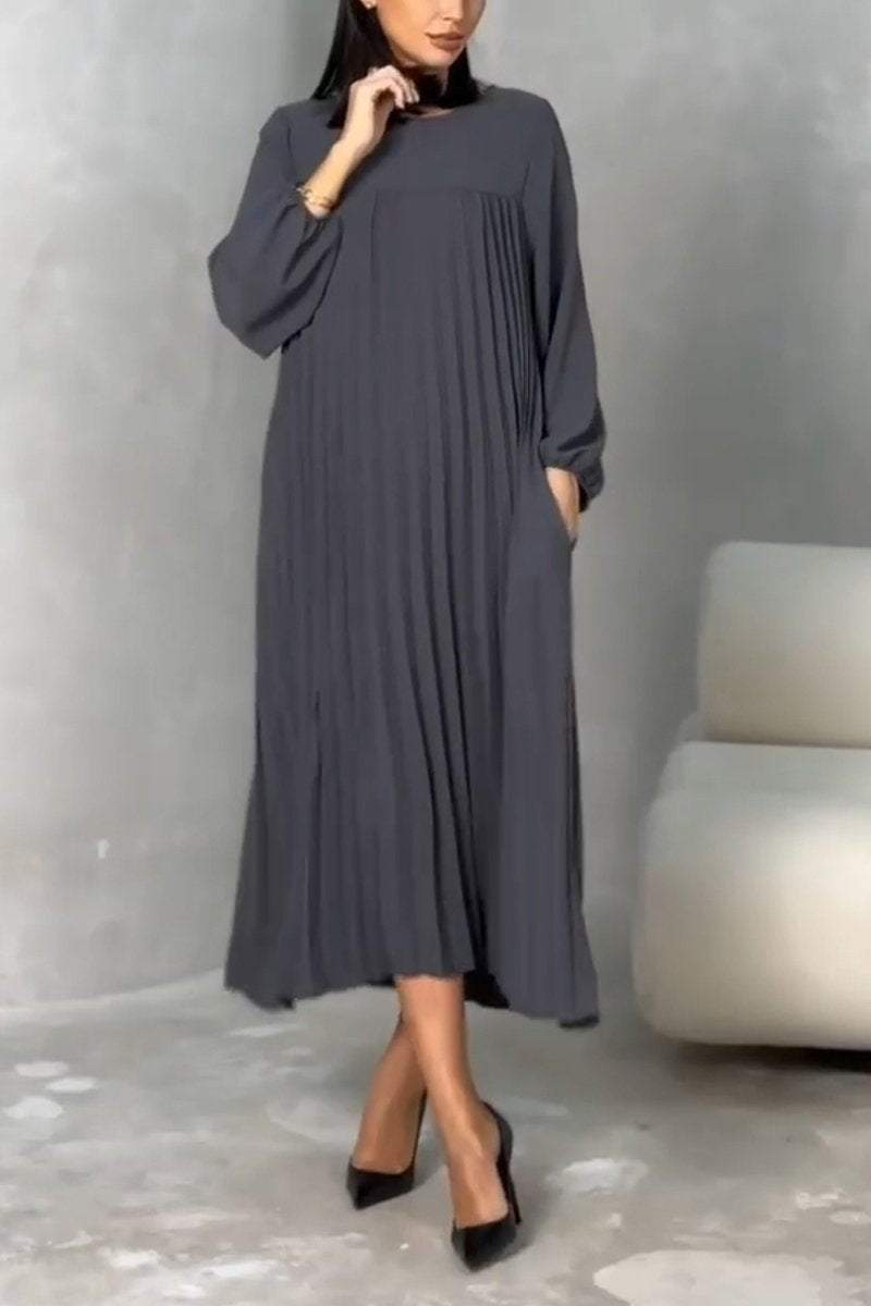 Women's Casual Round Neck Pleated Long Sleeve Dress