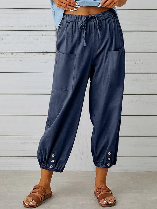 Women's pants High-waisted buttoned cotton hemp pants nine-point pants wide-legged