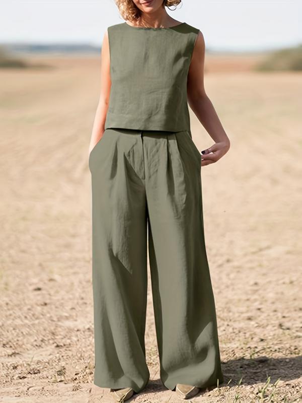 Crew Neck Sleeveless Tank Top & High Waist Wide Leg Pants Outfits