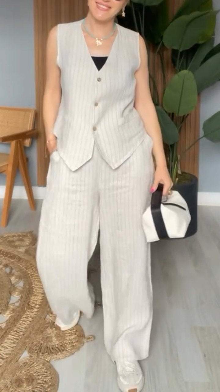 Casual V-neck Striped Two-piece Suit