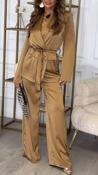 Women's Lapel Long Sleeve Satin Suit