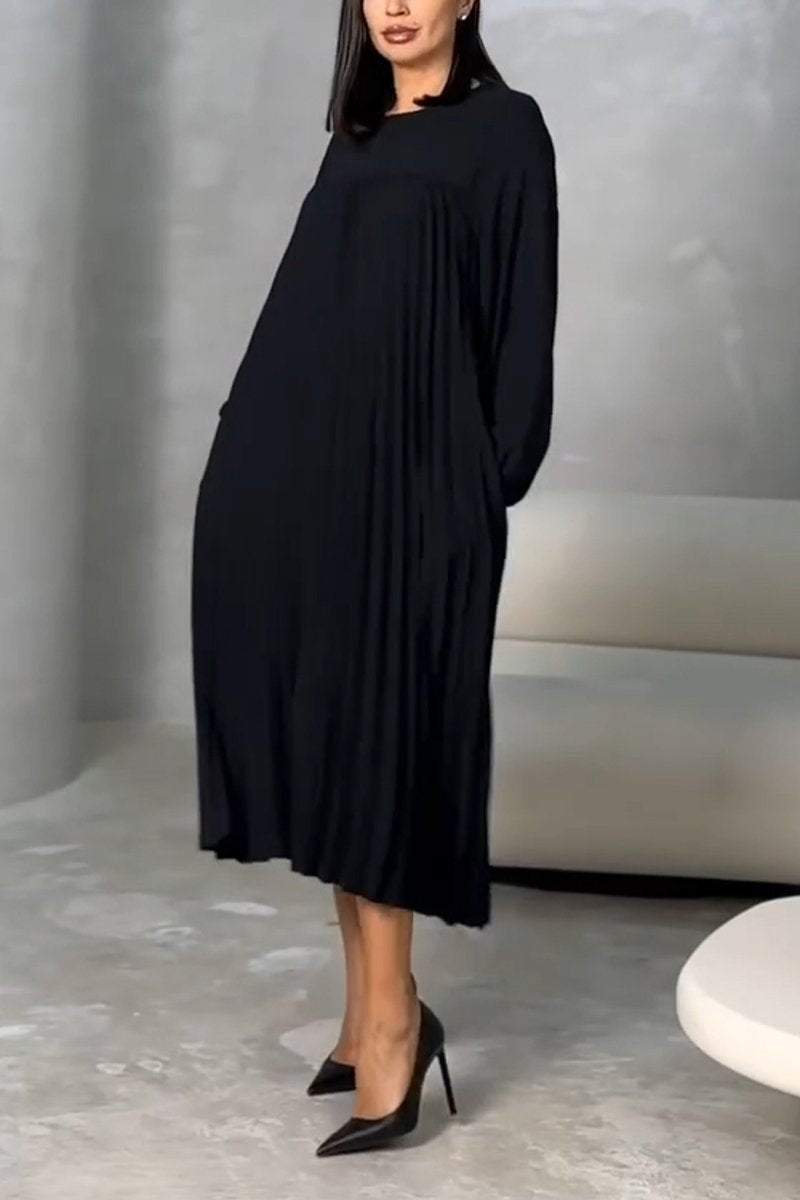 Women's Casual Round Neck Pleated Long Sleeve Dress