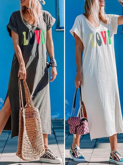 Letter print v-neck slit dress