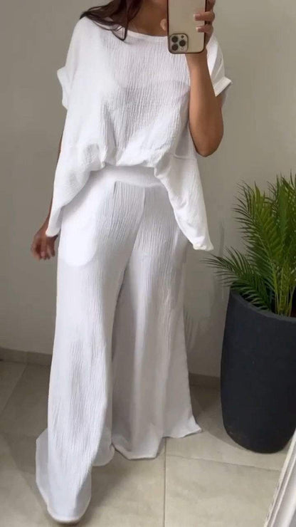 Women's Casual Round-neck Solid Color Cotton and Linen Two-piece Suit