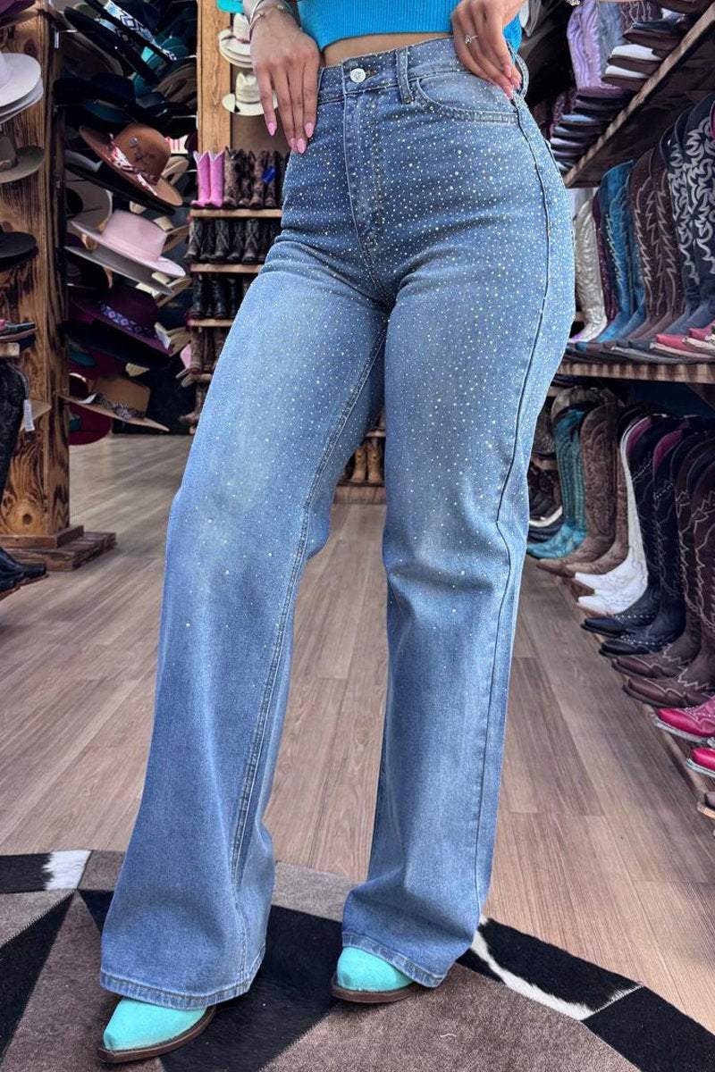 Women's Rhinestone Shiny Flared Wide-leg Casual Jeans