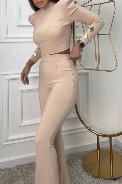 Women's Elegant Round Neck Puff Sleeve Trousers Suit