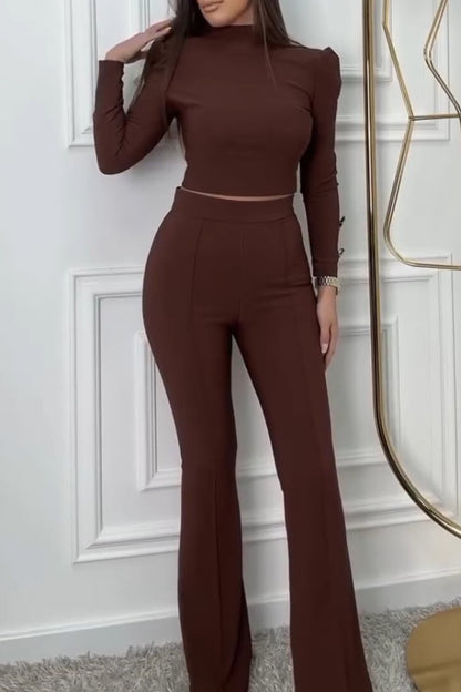 Women's Elegant Round Neck Puff Sleeve Trousers Suit