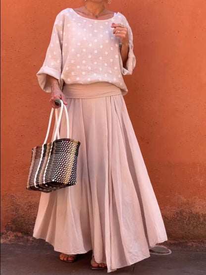 Cotton and linen bat-sleeve polka-dot loose top + pleated long skirt two-piece set